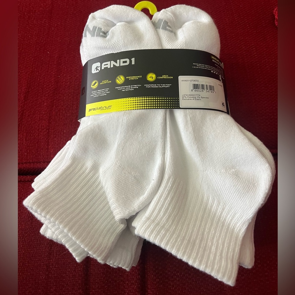 AND1 White 12 Pair Ankle Quarter Cut Socks Arch Compression Men shoe size 6-12.5